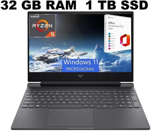 Main image of HP Victus 15 Gaming Laptop, 15.6" FHD 144Hz Display, AMD Ryzen 5 7535HS 6 Cores Processor, AMD Radeon RX 6550M Graphics, 32GB DDR5  1TB PCIe SSD, Backlit KB, Windows 11 Pro ,Office 2024 License
