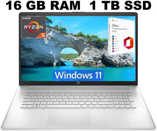 Main image of HP 17 Laptop, 17.3" HD Touchscreen, AMD Ryzen 5 5625U 6 Cores Processor, AMD Radeon Graphics, 16GB DDR4  1TB PCIe SSD, WiFi, Bluetooth 5.0, Windows 11 ,Office 2024 License