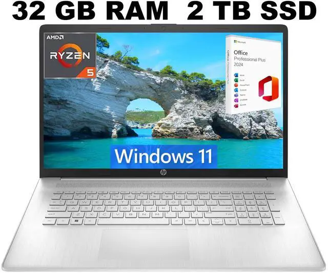Main image of HP 17 Laptop, 17.3" HD Touchscreen, AMD Ryzen 5 5625U 6 Cores Processor, AMD Radeon Graphics, 32GB DDR4  2TB PCIe SSD, WiFi, Bluetooth 5.0, Windows 11 ,Office 2024 License