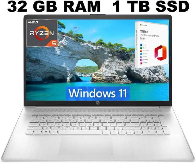 Main image of HP 17 Laptop, 17.3" HD Touchscreen, AMD Ryzen 5 5625U 6 Cores Processor, AMD Radeon Graphics, 32GB DDR4  1TB PCIe SSD, WiFi, Bluetooth 5.0, Windows 11 ,Office 2024 License