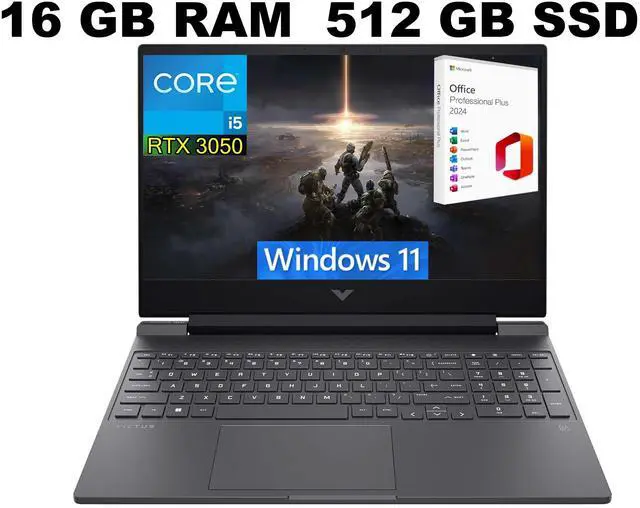 Main image of HP Victus 15 Gaming Laptop, 15.6" Full HD 144Hz Display, Intel Core i5-12450H 8-Core Processor, RTX 3050 4GB GDDR6, 16GB DDR4  512GB PCIe SSD, Bluetooth 5.3, Windows 11 ,Office 2024 License