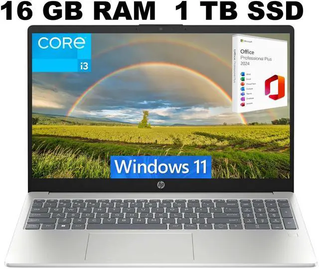 Main image of HP 15 Laptop, 15.6" FHD Display, Intel Core i3-N305 8 Cores Processor, Intel UHD Graphics, 16GB DDR4  1TB PCIe SSD, Wi-Fi 6 and Bluetooth 5.3, Fingerprint, Windows 11 ,Office 2024 License