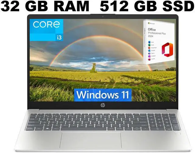 Main image of HP 15 Laptop, 15.6" FHD Display, Intel Core i3-N305 8 Cores Processor, Intel UHD Graphics, 32GB DDR4  512GB PCIe SSD, Wi-Fi 6 and Bluetooth 5.3, Fingerprint, Windows 11 ,Office 2024 License