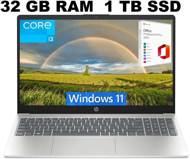 Main image of HP 15 Laptop, 15.6" FHD Display, Intel Core i3-N305 8 Cores Processor, Intel UHD Graphics, 32GB DDR4  1TB PCIe SSD, Wi-Fi 6 and Bluetooth 5.3, Fingerprint, Windows 11 ,Office 2024 License