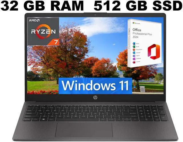 Main image of HP 255 G10 15 Laptop, 15.6" FHD Display, AMD Ryzen 7 7730U 8 Cores Processor, AMD Radeon Graphics, 32GB DDR4  512GB PCIe SSD, Webcam, Wi-Fi 6, Windows 11 ,Office 2024 License