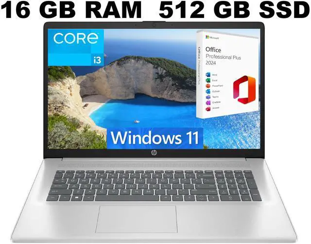 Main image of HP 17 Laptop, 17.3" FHD (1920 x 1080) Display, Intel Core i3-1215U 6 Cores Processor, Intel UHD Graphics, 16GB DDR4  512GB PCIe SSD, Numeric Keypad, Webcam, Wi-Fi, Windows 11 ,Office 2024 License