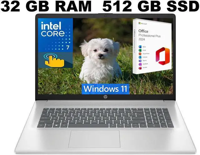 Main image of HP 17 Laptop, 17.3" HD+ (1600 x 900) Touchscreen, Intel Core 7-150U 10 cores processor, Intel Graphics, 32GB DDR4  512GB PCIe SSD, Backlit Keyboard, Windows 11 ,Office 2024 License