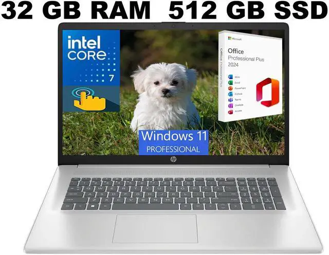 Main image of HP 17 Laptop, 17.3" HD+ (1600 x 900) Touchscreen, Intel Core 7-150U 10 cores processor, Intel Graphics, 32GB DDR4  512GB PCIe SSD, Backlit Keyboard, Windows 11 Pro ,Office 2024 License