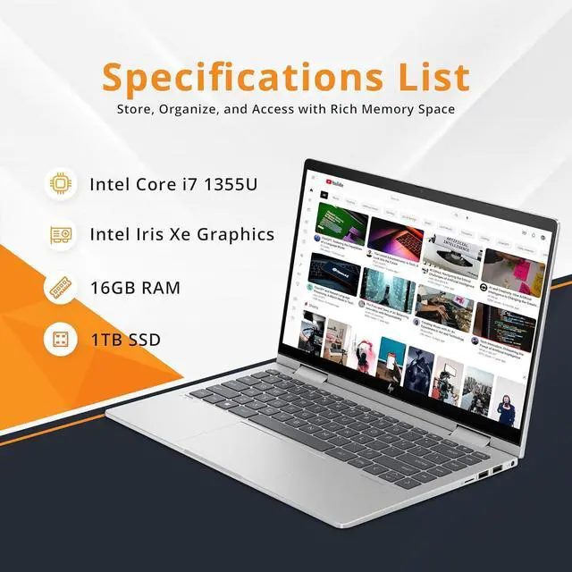 Alt view image 3 of 6 - HP Envy x360 2-in-1 14 Laptop, 14" FHD Touchscreen, Intel Core i7-1355U Processor, Iris Xe Graphics, 16GB  DDR4  1TB PCIe SSD, Backlit KB, Fingerprint, Windows 11 Home ,Office 2024 License