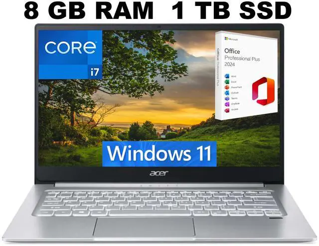 Main image of Acer Swift 3 14 Laptop, 14" FHD Display, Intel Core i7-1165G7 4 cores Processor, Iris Xe Graphics, 8GB DDR4  1TB PCIe SSD, Fingerprint Reader, Back-lit KB, Windows 11 Home ,Office 2024 License
