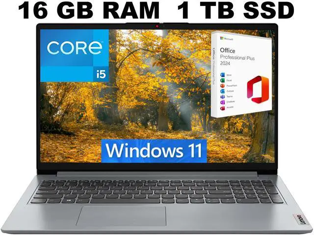 Main image of Lenovo IdeaPad 1i 15 Laptop, 15.6" FHD Display, Intel Core i5-1235U 10 core Processor, Intel Iris Xe Graphics, 16GB DDR4  1TB PCIe SSD, Wi-Fi 6 and Bluetooth 5.0, Windows 11 ,Office 2024 License