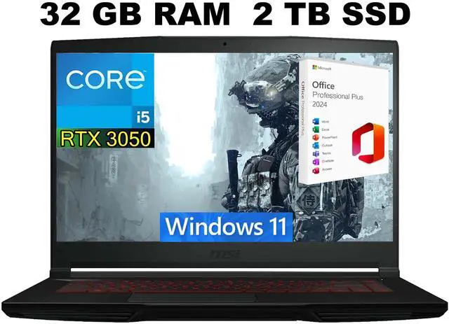 Main image of MSI GF63 Thin 15 Gaming Laptop, 15.6" FHD 144Hz, Intel Core i5-11400H 6 Cores Processors, GeForce RTX 3050 4 GB GDDR6, 32GB DDR4  2TB PCIe SSD, Wi-Fi 6, Windows 11 ,Office 2024 License