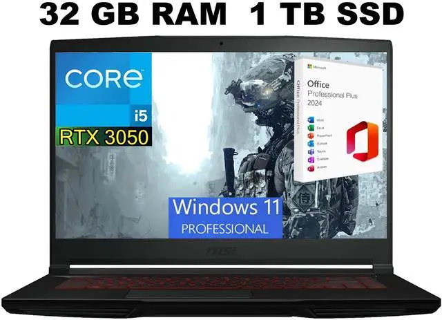 Main image of MSI GF63 Thin 15 Gaming Laptop, 15.6" FHD 144Hz, Intel Core i5-11400H 6 Cores Processors, GeForce RTX 3050 4 GB GDDR6, 32GB DDR4  1TB PCIe SSD, Wi-Fi 6, Windows 11 Pro ,Office 2024 License