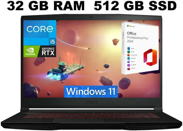 Main image of MSI Thin GF63 15 Gaming Laptop, 15.6" FHD 144Hz Display, Intel Core i5-12450H 10 cores Processor, GeForce RTX 2050 4 GB, 32GB DDR4  512GB PCIe SSD, Cooler Boost 5, Windows 11 ,Office 2024 License