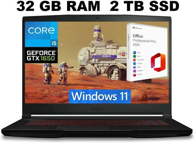 Main image of MSI GF63 Thin 15 Gaming Laptop, 15.6" FHD Display, Intel Core i5-11400H 6 core Processor, NVIDIA GeForce GTX 1650 4GB, 32GB DDR4  2TB PCIe SSD, Backlit KB, Windows 11 ,Office 2024 License