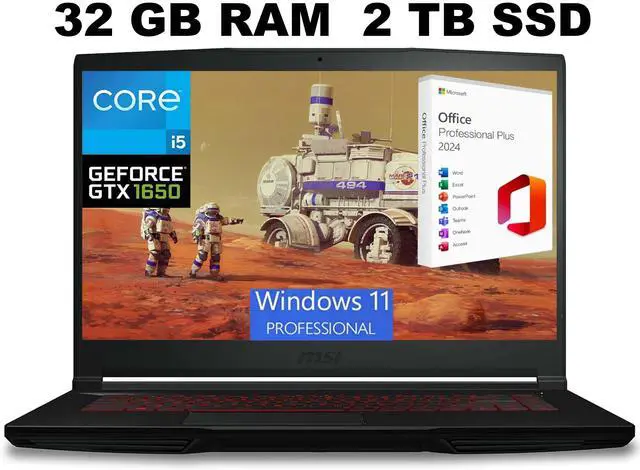 Main image of MSI GF63 Thin 15 Gaming Laptop, 15.6" FHD Display, Intel Core i5-11400H 6 core Processor, NVIDIA GeForce GTX 1650 4GB, 32GB DDR4  2TB PCIe SSD, Backlit KB, Windows 11 Pro ,Office 2024 License