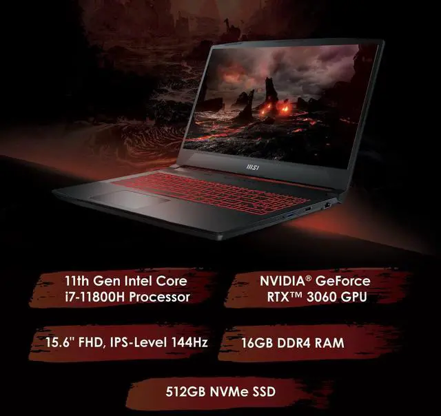 Alt view image 2 of 5 - MSI Katana GF66 15 Gaming Laptop, 15.6" FHD 144Hz Display, Intel Core i7-11800H 8 Core Processor, GeForce RTX 3060 6GB GDDR6, 64GB DDR4  1TB PCIe SSD, Backlit KB, Windows 11 Pro ,Office 2024 License