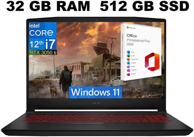 Main image of MSI Katana GF66 15 Gaming Laptop, 15.6" 144Hz Display, Intel Core i7-12650H 10 cores Processor, GeForce RTX 3050 Ti 4 GB, 32GB DDR4  512GB PCIe SSD, Cooler Boost 5, Windows 11 ,Office 2024 License