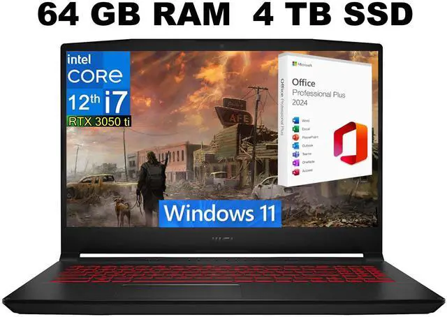 Main image of MSI Katana GF66 15 Gaming Laptop, 15.6" 144Hz Display, Intel Core i7-12650H 10 cores Processor, GeForce RTX 3050 Ti 4 GB, 64GB DDR4  4TB PCIe SSD, Cooler Boost 5, Windows 11 ,Office 2024 License