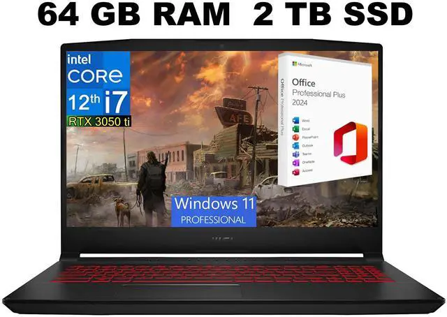 Main image of MSI Katana GF66 15 Gaming Laptop, 15.6" 144Hz Display, Intel Core i7-12650H 10 cores Processor, GeForce RTX 3050 Ti 4 GB, 64GB DDR4  2TB PCIe SSD, Cooler Boost 5, Windows 11 Pro ,Office 2024 License
