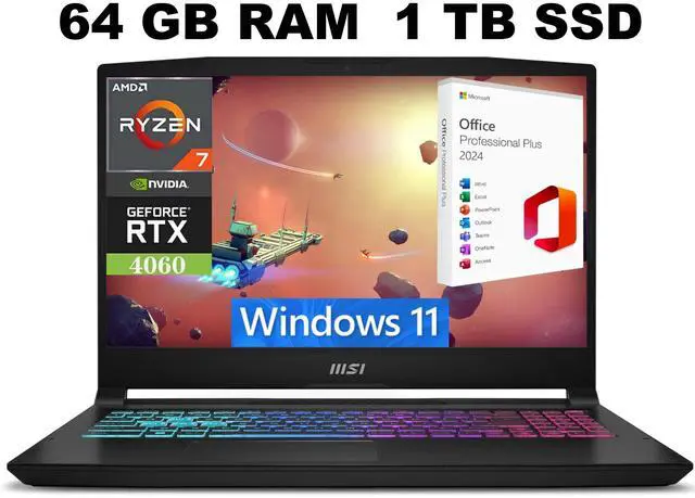 Main image of MSI Katana A15 AI Gaming Laptop, 15.6" FHD 144Hz Display, AMD Ryzen 7 8845HS 8 core Processor, GeForce RTX 4060 8GB Graphic, 64GB DDR5  1TB PCIe SSD, RGB Backlit, Windows 11 ,Office 2024 License