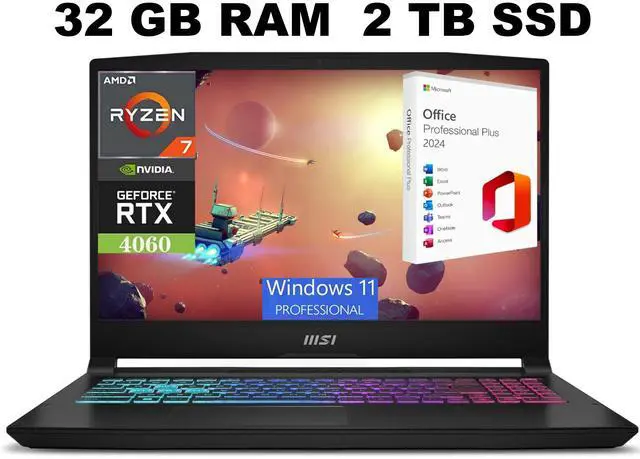 Main image of MSI Katana A15 AI Gaming Laptop, 15.6" FHD 144Hz Display, AMD Ryzen 7 8845HS 8 core Processor, GeForce RTX 4060 8GB Graphic, 32GB DDR5  2TB PCIe SSD, RGB Backlit, Windows 11 Pro ,Office 2024 License