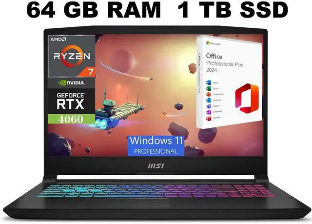 Main image of MSI Katana A15 AI Gaming Laptop, 15.6" FHD 144Hz Display, AMD Ryzen 7 8845HS 8 core Processor, GeForce RTX 4060 8GB Graphic, 64GB DDR5  1TB PCIe SSD, RGB Backlit, Windows 11 Pro ,Office 2024 License