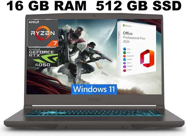 Main image of MSI Thin A15 Gaming Laptop, 15.6" FHD 144Hz, AMD Ryzen 7 7735HS 8 Cores Processor, NVIDIA GeForce RTX 4050 6GB GDDR6, 16GB DDR5  512GB PCIe SSD, Cooler Boost 5, Windows 11 ,Office 2024 License