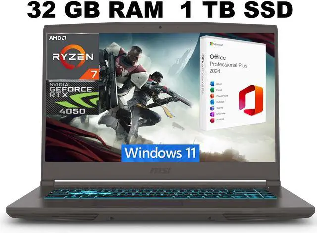 Main image of MSI Thin A15 Gaming Laptop, 15.6" FHD 144Hz, AMD Ryzen 7 7735HS 8 Cores Processor, NVIDIA GeForce RTX 4050 6GB GDDR6, 32GB DDR5  1TB PCIe SSD, Cooler Boost 5, Windows 11 ,Office 2024 License