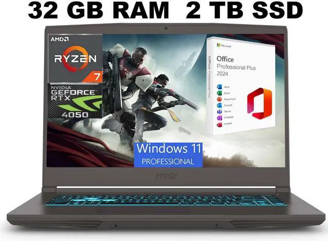 Main image of MSI Thin A15 Gaming Laptop, 15.6" FHD 144Hz, AMD Ryzen 7 7735HS 8 Cores Processor, NVIDIA GeForce RTX 4050 6GB GDDR6, 32GB DDR5  2TB PCIe SSD, Cooler Boost 5, Windows 11 Pro ,Office 2024 License