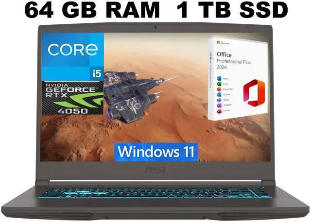 Main image of MSI Thin 15 Gaming Laptop, 15.6" FHD 144Hz, Intel Core i5-13420H 8 Cores Processor, NVIDIA GeForce RTX 4050 6GB Graphic, 64GB DDR4  1TB PCIe SSD, Backlit KB, Windows 11 ,Office 2024 License