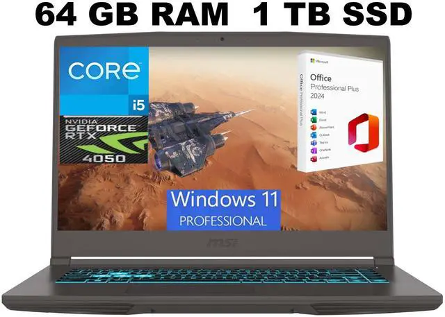 Main image of MSI Thin 15 Gaming Laptop, 15.6" FHD 144Hz, Intel Core i5-13420H 8 Cores Processor, NVIDIA GeForce RTX 4050 6GB Graphic, 64GB DDR4  1TB PCIe SSD, Backlit KB, Windows 11 Pro ,Office 2024 License