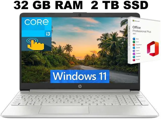 Main image of HP 15 Laptop, 15.6" HD Touchscreen, Intel Core i3-1215U 6 cores Processor, Intel UHD Graphics, 32GB DDR4 2TB PCIe SSD, Wi-Fi and Bluetooth, Windows 11, Office 2021 License