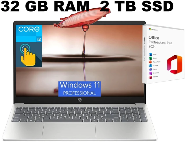 Main image of HP 15 Laptop, 15.6" HD Touchscreen, Intel Core i3-1315U 6-Core Processor, Intel UHD Graphics, Wi-Fi 6 - Bluetooth 5.3, 32GB DDR4 2TB PCIe SSD, Windows 11 Pro, Office 2024 License