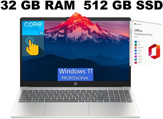 Main image of HP 15 Laptop, 15.6" HD Touchscreen, Intel Core i3-1315U 6-Core Processor, Intel UHD Graphics, Wi-Fi 6 - Bluetooth 5.3, 32GB DDR4 512GB PCIe SSD, Windows 11 Pro, Office 2021 License