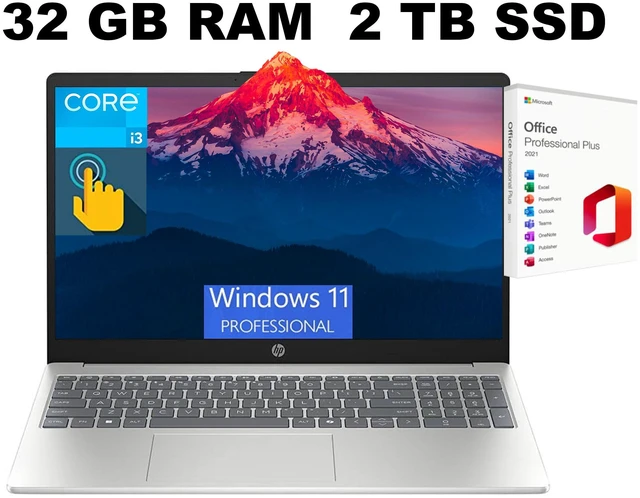 Main image of HP 15 Laptop, 15.6" HD Touchscreen, Intel Core i3-1315U 6-Core Processor, Intel UHD Graphics, Wi-Fi 6 - Bluetooth 5.3, 32GB DDR4 2TB PCIe SSD, Windows 11 Pro, Office 2021 License