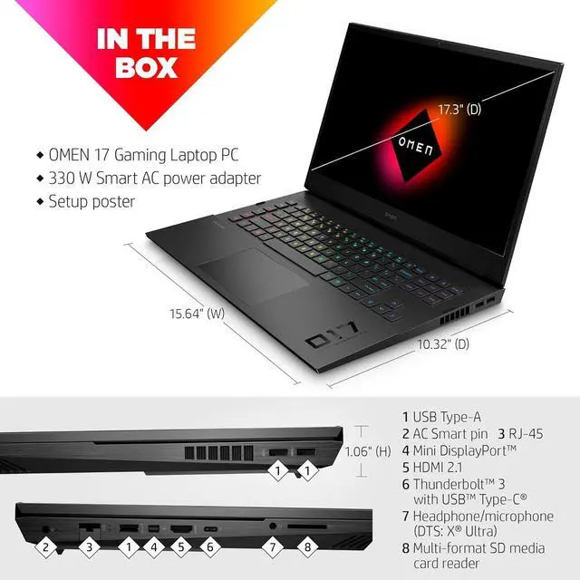 Alt view image 5 of 7 - HP OMEN 17 Gaming Laptop, 17.3" QHD 165Hz, Core i7-13700HX 16 cores Processor, GeForce RTX 4070 8GB GDDR6 Graphics, 32GB DDR5  2TB PCIe SSD, RGB backlit, Windows 10
