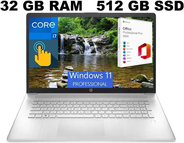 Main image of HP 17 Laptop, 17.3" HD+ Touchscreen, Intel Core i7-1355U 10 Cores Processor, Iris Xe Graphics, 32GB DDR4  512GB PCIe SSD, Fingerprint Reader, Backlit Keyboard, Windows 11 Pro ,Office 2024 License