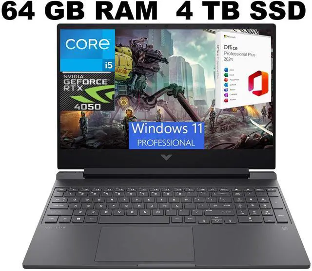 Main image of HP Victus 15 Gaming Laptop, 15.6" FHD 144Hz Display, Intel Core i5-13420H 8-core Processor, RTX 4050 6GB Graphic, 64GB DDR4  4TB PCIe SSD, Backlit Keyboard, Windows 11 Pro ,Office 2024 License