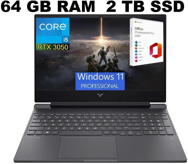 Main image of HP Victus 15 Gaming Laptop, 15.6" Full HD 144Hz Display, Intel Core i5-12450H 8-Core Processor, RTX 3050 4GB GDDR6, 64GB DDR4  2TB PCIe SSD, Bluetooth 5.3, Windows 11 Pro ,Office 2024 License