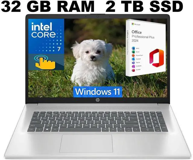 Main image of HP 17 Laptop, 17.3" HD+ (1600 x 900) Touchscreen, Intel Core 7-150U 10 cores processor, Intel Graphics, 32GB DDR4  2TB PCIe SSD, Backlit Keyboard, Windows 11 ,Office 2024 License