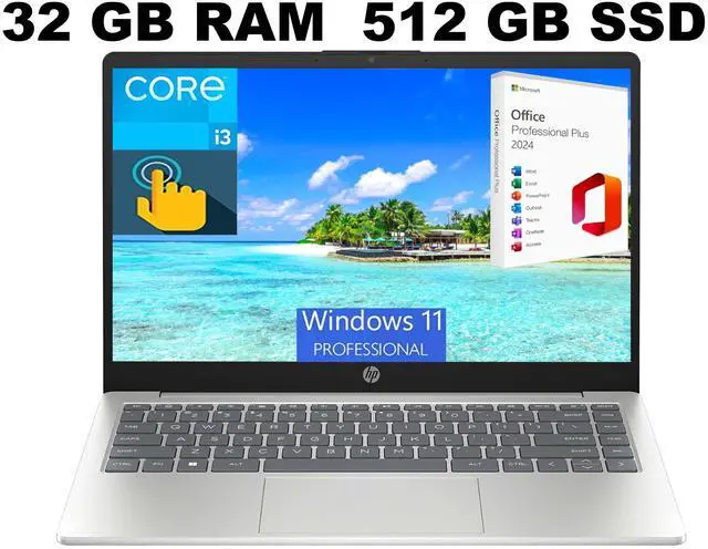 Main image of HP 15 Laptop, 15.6" HD Touchscreen, Intel Core i3-1315U 6 Cores Processor, Intel UHD Graphics, 32GB DDR4  512GB PCIe SSD, Bluetooth, Wi-Fi, Windows 11 Pro ,Office 2024 License