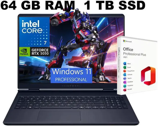 Main image of Alienware 16 Aurora AI Gaming Laptop, 16.0" 120Hz WQXGA Display, Intel Core 7 240H Processor, RTX 5050 8 GB GDDR7 Graphics, WiFi 7, 64GB DDR5 1 TB PCIe SSD, Windows 11 Pro, Office 2021 License