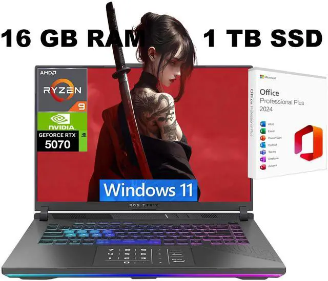 Main image of ASUS ROG Strix G16 Gaming Laptop, 16" Full HD+165Hz, AMD Ryzen 9 8940HX 16 cores Processor, NVIDIA GeForce RTX 5070 8GB GDDR7, WiFi 6E, 16GB DDR5 1 TB PCIe SSD, Windows 11, Office 2024 License