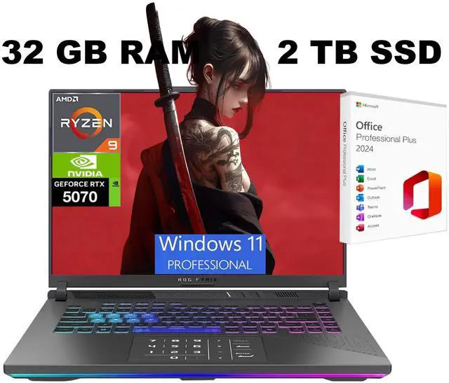 Main image of ASUS ROG Strix G16 Gaming Laptop, 16" Full HD+165Hz, AMD Ryzen 9 8940HX 16 cores Processor, NVIDIA GeForce RTX 5070 8GB GDDR7, WiFi 6E, 32GB DDR5 2 TB PCIe SSD, Windows 11 Pro, Office 2024 License