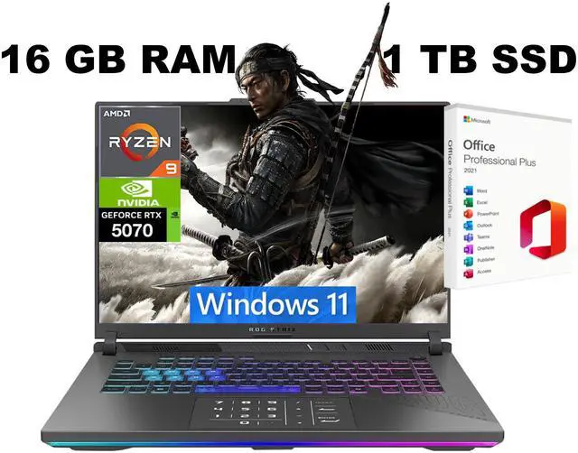 Main image of ASUS ROG Strix G16 Gaming Laptop, 16" Full HD+165Hz, AMD Ryzen 9 8940HX 16 cores Processor, NVIDIA GeForce RTX 5070 8GB GDDR7, WiFi 6E, 16GB DDR5 1 TB PCIe SSD, Windows 11, Office 2021 License