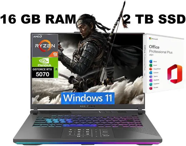 Main image of ASUS ROG Strix G16 Gaming Laptop, 16" Full HD+165Hz, AMD Ryzen 9 8940HX 16 cores Processor, NVIDIA GeForce RTX 5070 8GB GDDR7, WiFi 6E, 16GB DDR5 2 TB PCIe SSD, Windows 11, Office 2021 License
