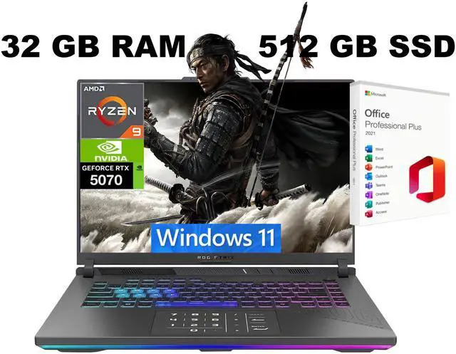 Main image of ASUS ROG Strix G16 Gaming Laptop, 16" Full HD+165Hz, AMD Ryzen 9 8940HX 16 cores Processor, NVIDIA GeForce RTX 5070 8GB GDDR7, WiFi 6E, 32GB DDR5 512GB PCIe SSD, Windows 11, Office 2021 License