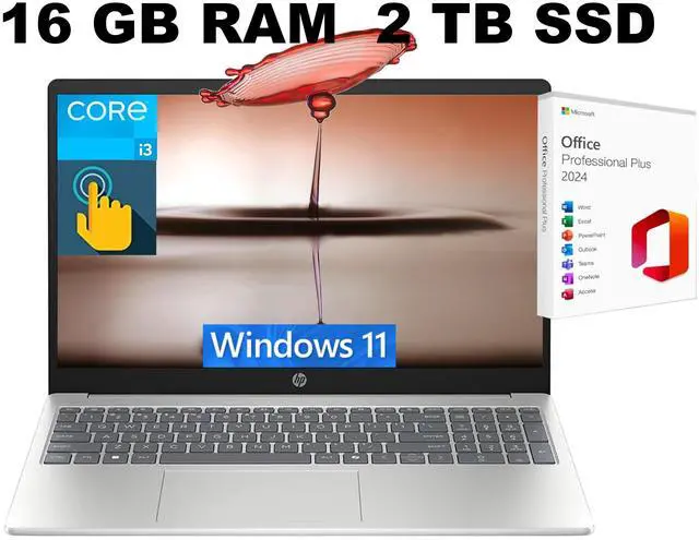 Main image of HP 15 Laptop, 15.6" HD Touchscreen, Intel Core i3-1315U 6-Core Processor, Intel UHD Graphics, Wi-Fi 6 - Bluetooth 5.3, 16GB DDR4 2 TB PCIe SSD, Windows 11, Office 2024 License