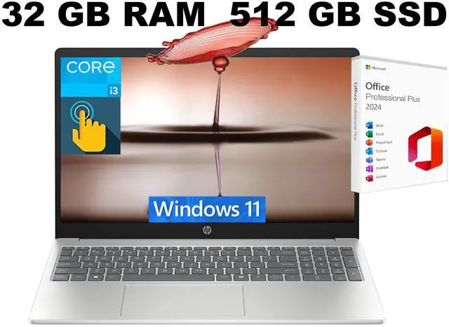 Main image of HP 15 Laptop, 15.6" HD Touchscreen, Intel Core i3-1315U 6-Core Processor, Intel UHD Graphics, Wi-Fi 6 - Bluetooth 5.3, 32GB DDR4 512GB PCIe SSD, Windows 11, Office 2024 License